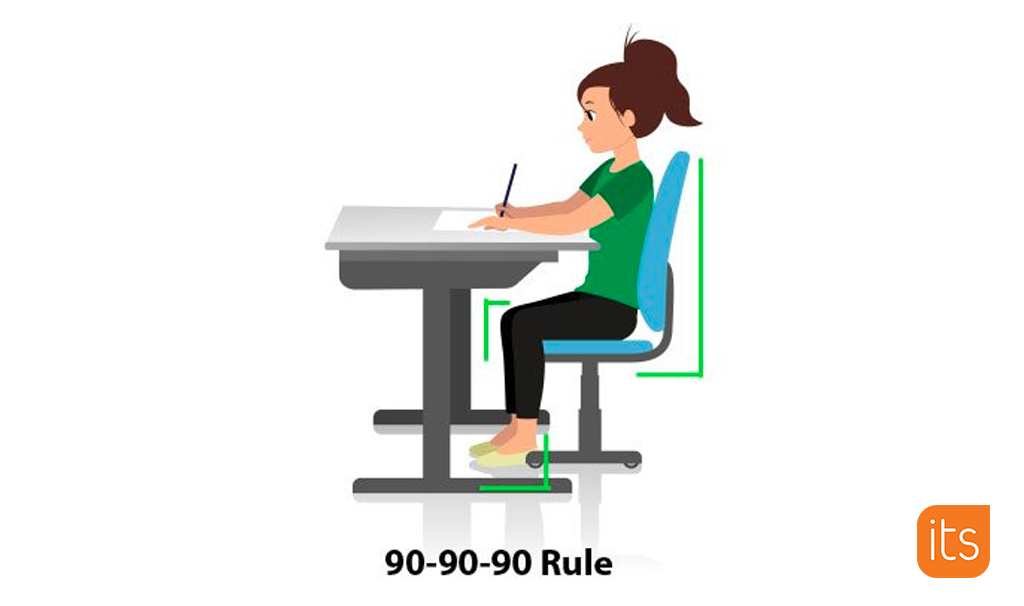 Illustration montrant un enfant assis à un bureau avec une bonne posture.